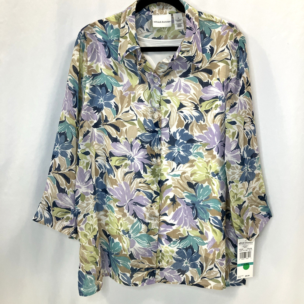 Alfred Dunner Top Blue Floral Sheer Button Up Blouse 3/4 Sleeve Women's 16 NWT